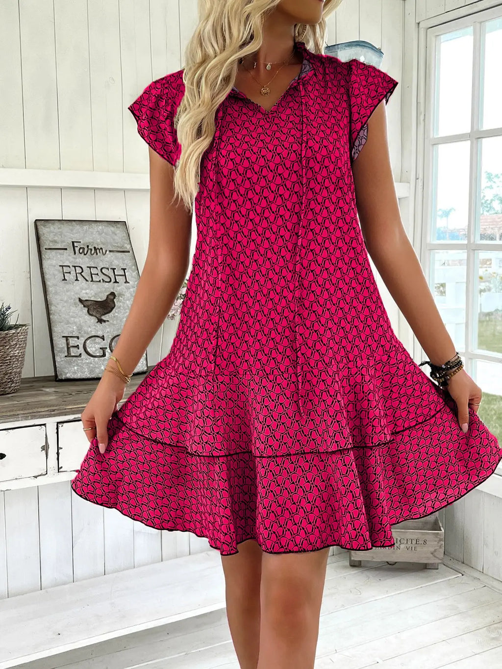 2025 Elegant Women's Casual Loose Ruffle Mini Dress Bohemian Printed V-neck Lace-up Small Flying Sleeve Dresses For Women S-3XL