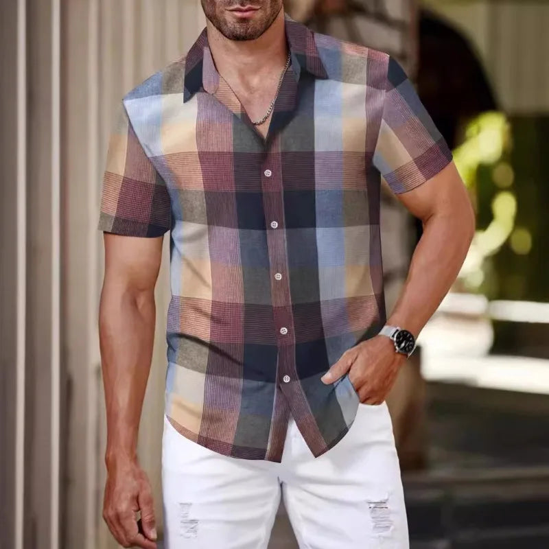 Men'S Shirts Men'S Casual Loose Fitting Short Sleeved Shirt Fashionable Lapel Shirt Top Men'S Color Blocking Short Sleeved Shirt