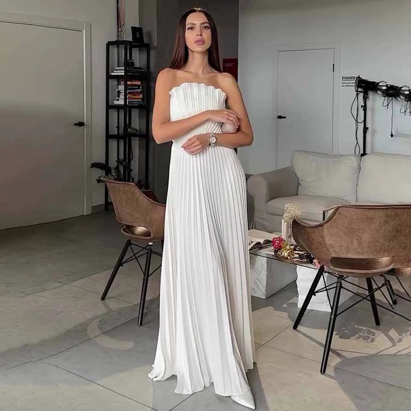 Elegant Solid Pleated Off Shoulder Long Dresses for Women Chic Sleeveless Backless Female Maxi Dress Summer New Beach Party Robe