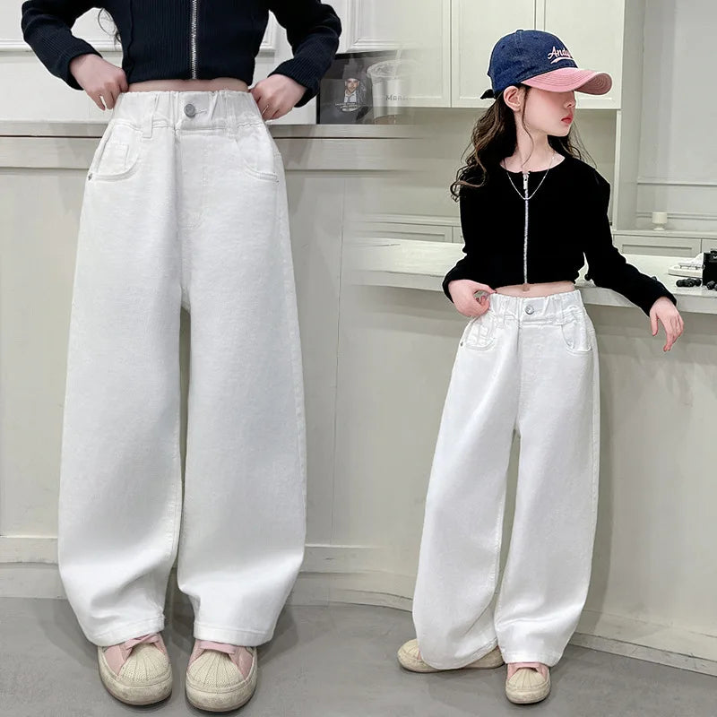 Children Vintage White Straight Jeans with Bows For Girls New Spring Slim Loose Denim Pants Kids Teenager Casual Jeans Trousers