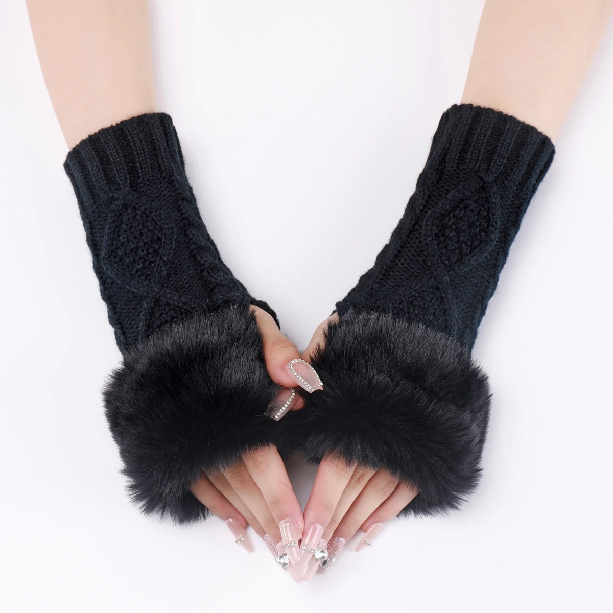 A Pair Of Women's Knitted Fingerless Gloves With Faux Fur Cuff, Warm Winter Fall For Ladies,  Cable Knit Arm Warmers For Cold
