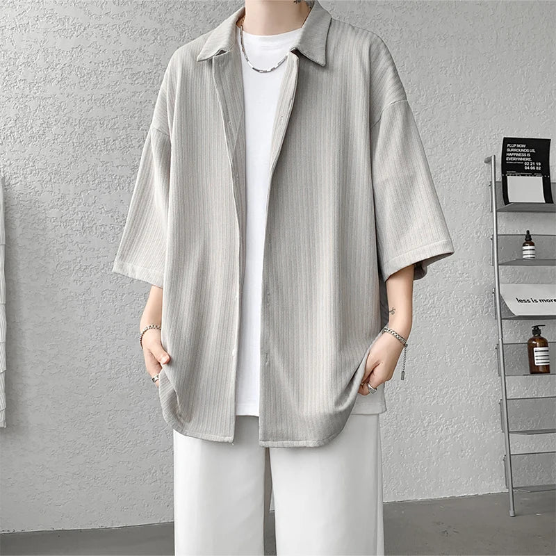 LEGIBLE Spring Summer Solid Shirts Men Casual Oversized Three Quarter Shirts Male Loose Fit Shirt for Man