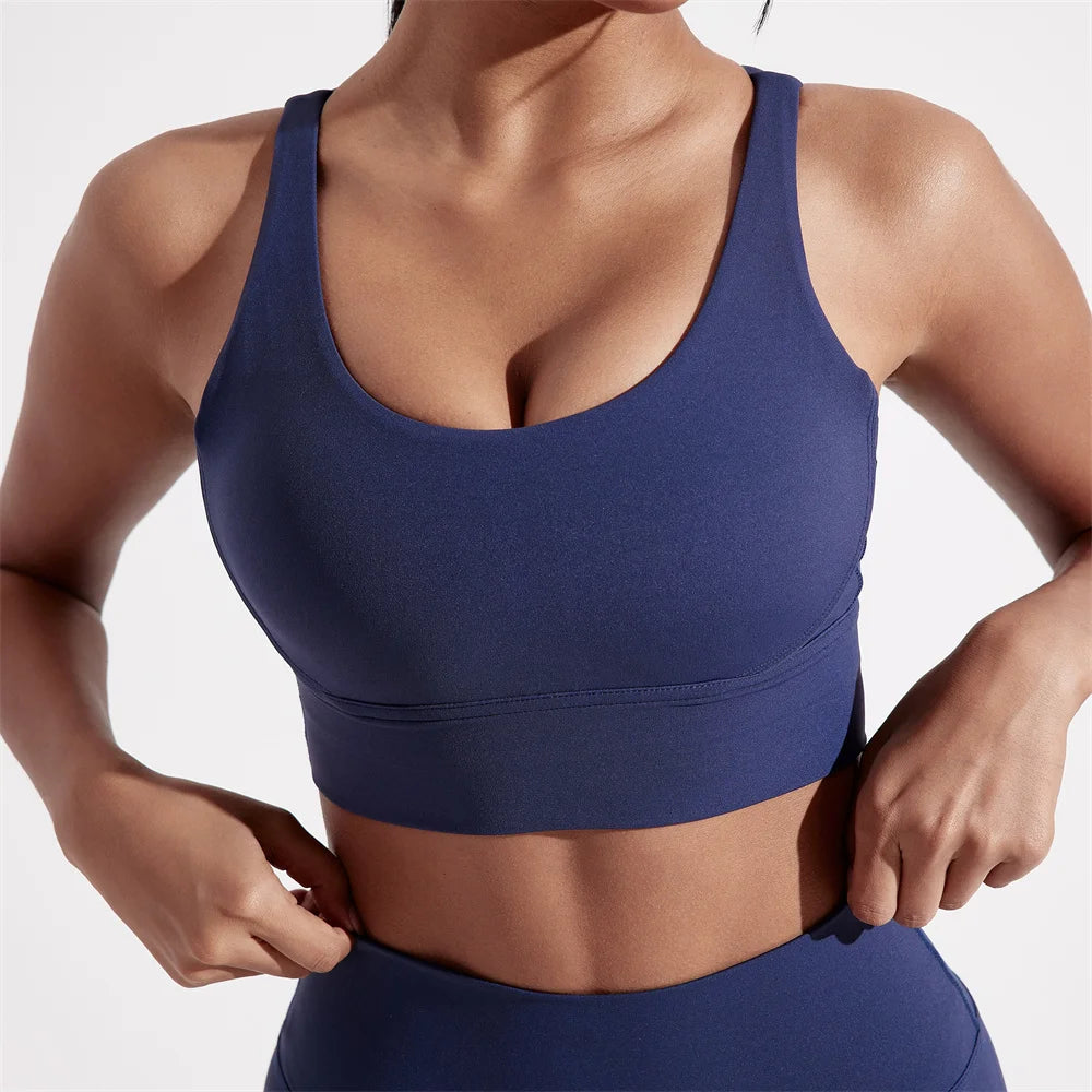 Solid Color Women Fitness Sport bra top soft tight Comprehensive training jogging gym yoga underwear cross back With chest pad