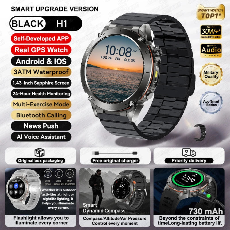 2026 New GPS Smart Watches 10 ATM Waterproof Built-in Dual-band GNSS Compass Military Sport Men SWIM Smartwatch For Android IOS