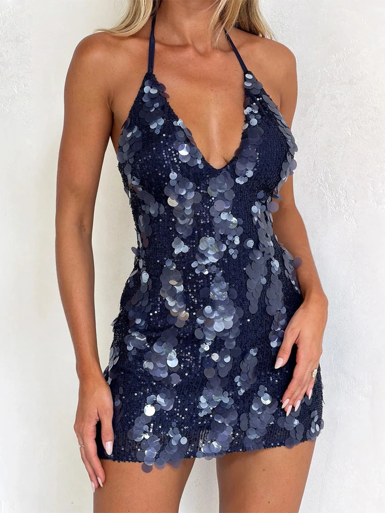 Sexy Sequin Round Neck Cutout Mini Dress Women Sleeveless Slim Bodycon Short Dress 2026 Evening Party Club Night Out Vestidos