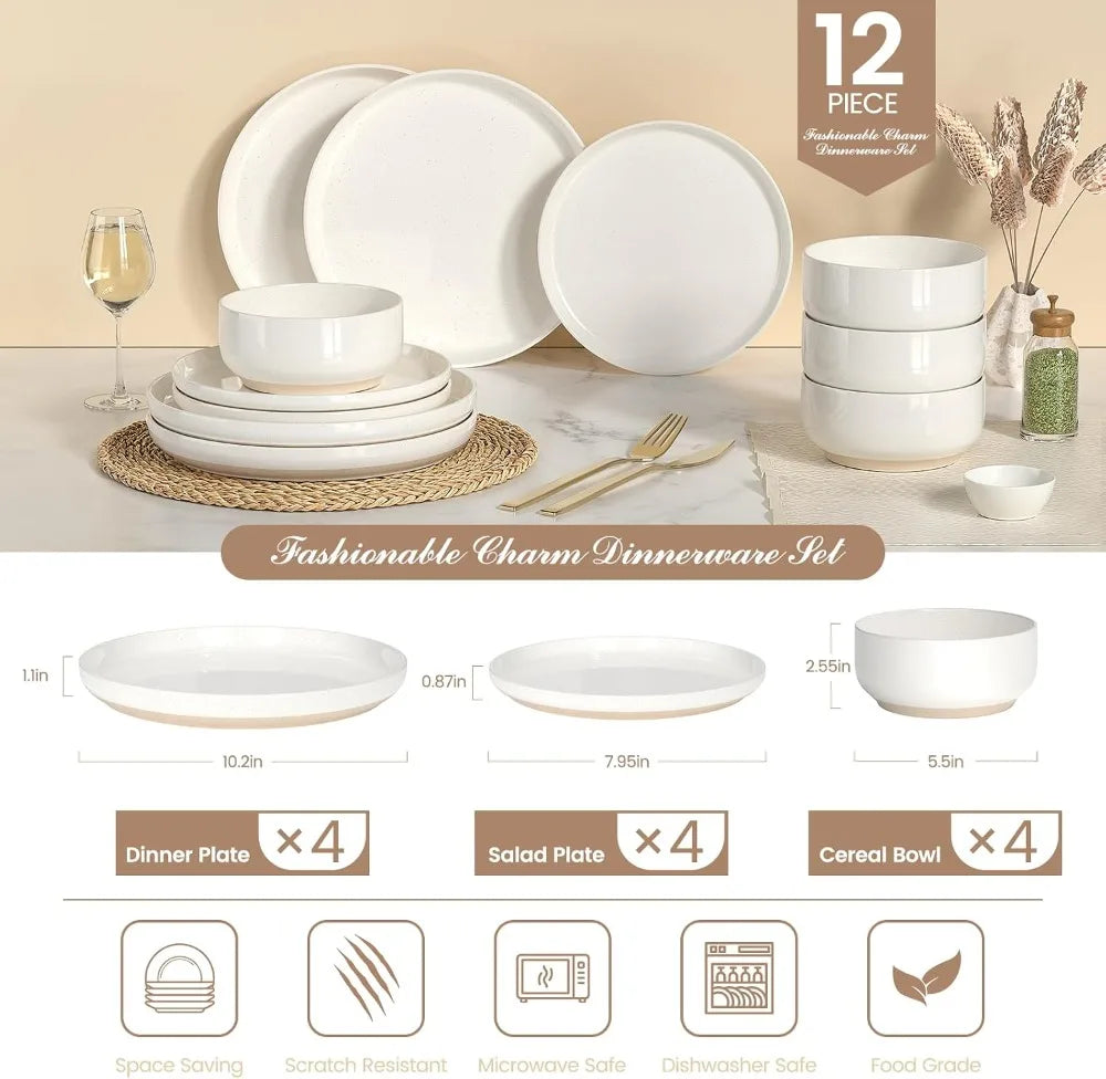 12-Piece Cream White Dinnerware Set for 4, Ceramic Plates & Bowls, Microwave & Dishwasher Safe