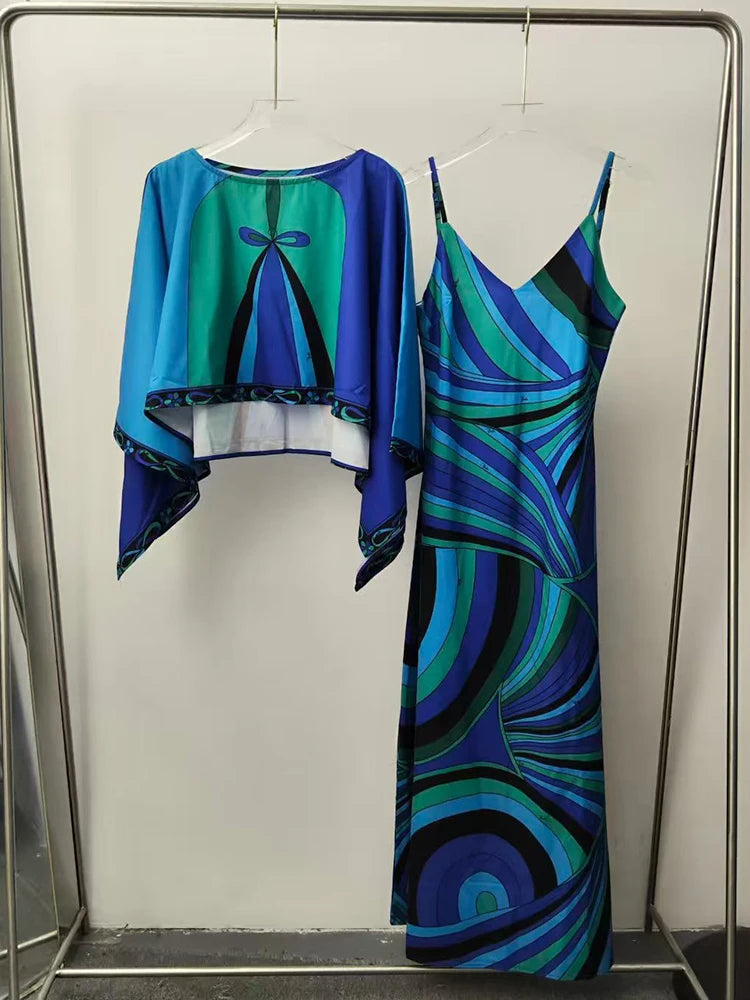 2026 Summer Women's Clothing Retro Geometric Print Loose Short Pullover Two-piece Set + Long Sexy Suspender Dress Fashion Suit