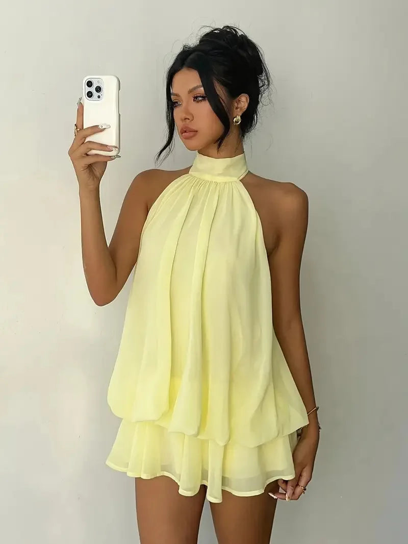 Women Halter Neck Backless Tie Mini Dress Summer Sleeveless Chiffon Ruffle Short Dresses Sexy Club Party Beach Vacation Outfit