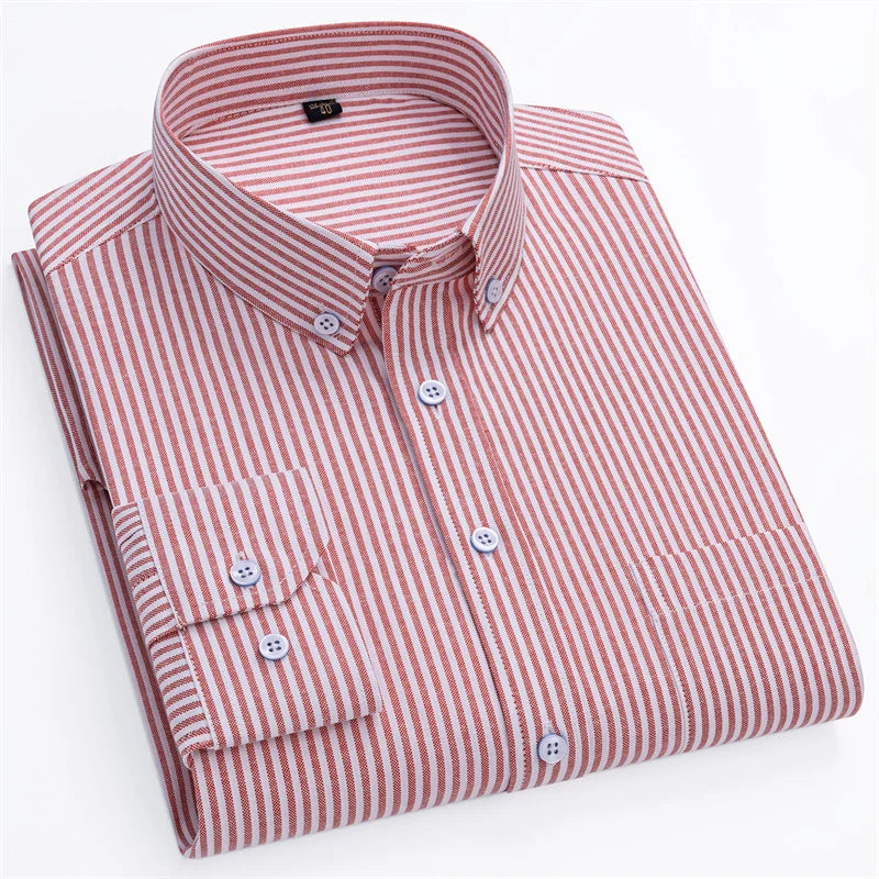 New Cotton Oxford Men's Shirts Long Sleeves Stripe Thin Soft Regular Fit Formal Dress Shirt Pocket Social Blouse Male Clothes