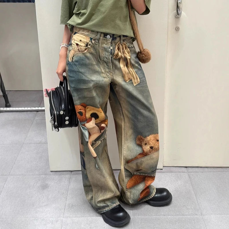 KUCLUT 2025 Autumn Winter Fashion Niche Design Print Contrast Color Loose Jeans For Women Straight Wide-leg Denim Pant 1A1517