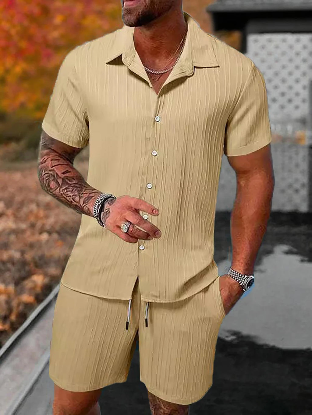 Lazy Street Style Vertical Stripe Slimming Shirt Shorts Two-piece Set No Need To Pair With Autumn Men's Thin Knit Sports Suit