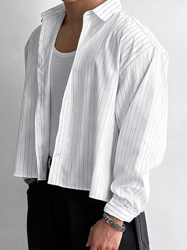 Trendy Long Sleeve Crop Shirts For Men's Spring Autumn Outdoor Casual Striped Printing Shirt Men Clothes Vintage Lapel Cardigan