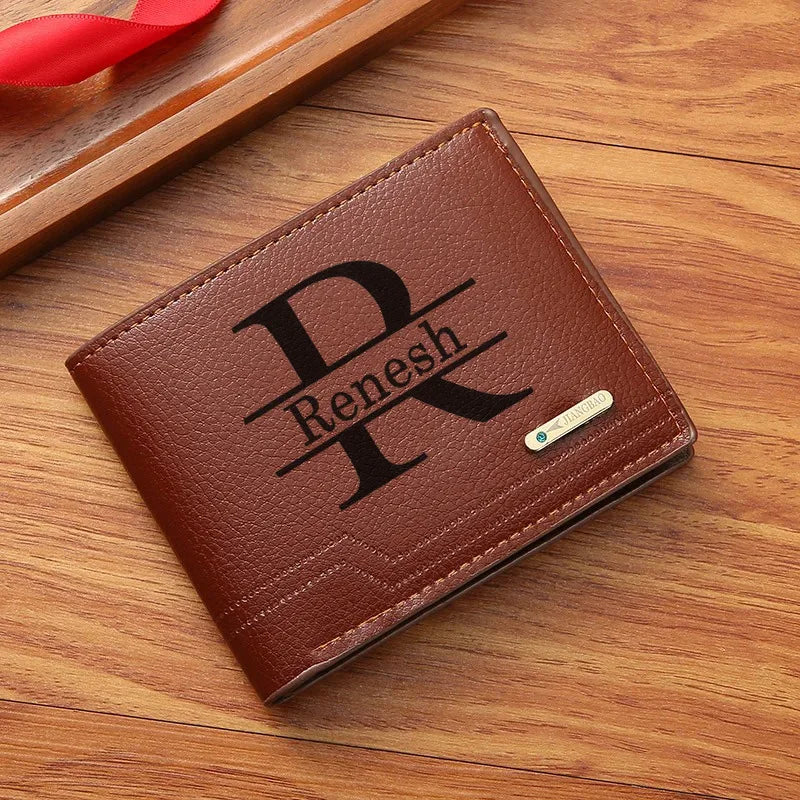 Personalized Custom Name Bifold Short Wallet Casual Lychee Patterned Soft Leather Man's Wallet Multi Card Slot PU Leather Purse