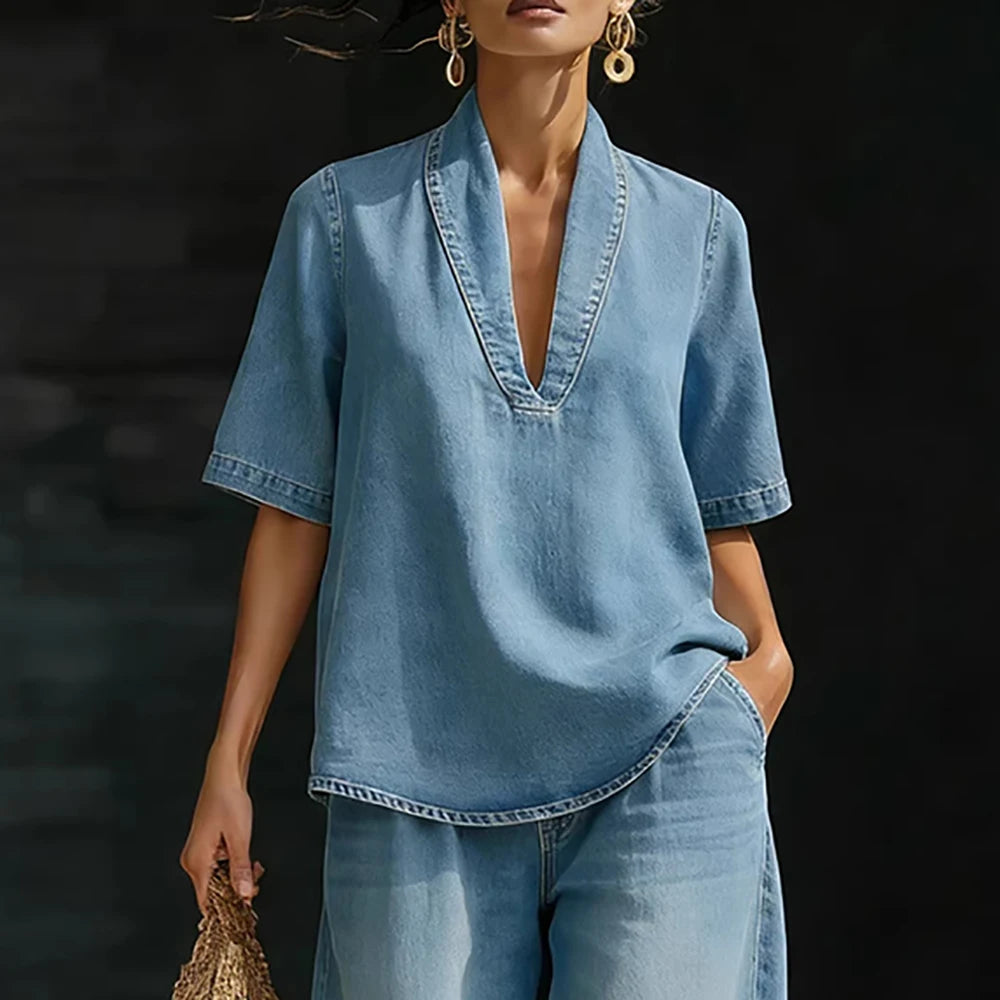 Women Denim Two Piece Set V Neck Half Sleeve Top T-Shirt Loose Wide Leg Pants Casual Outfit Streetwear Fashion Summer Suit Sets