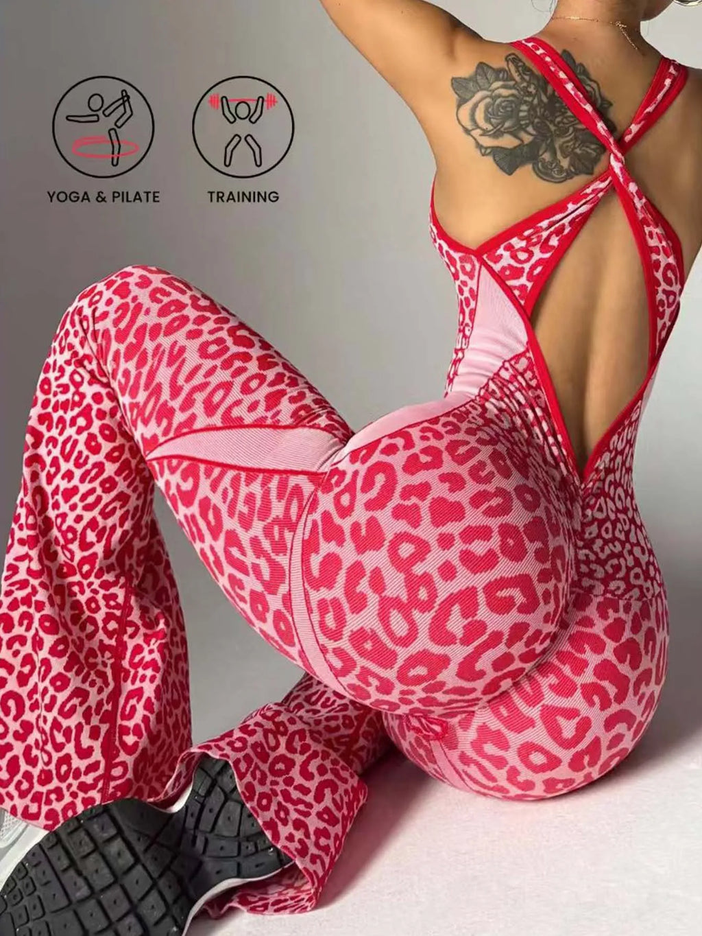 Women Leopard Print Cross Back Flared Jumpsuit Seamless Butt Lifting Yoga Bodysuit High Elastic Workout Fitness Sports Jumpsuit