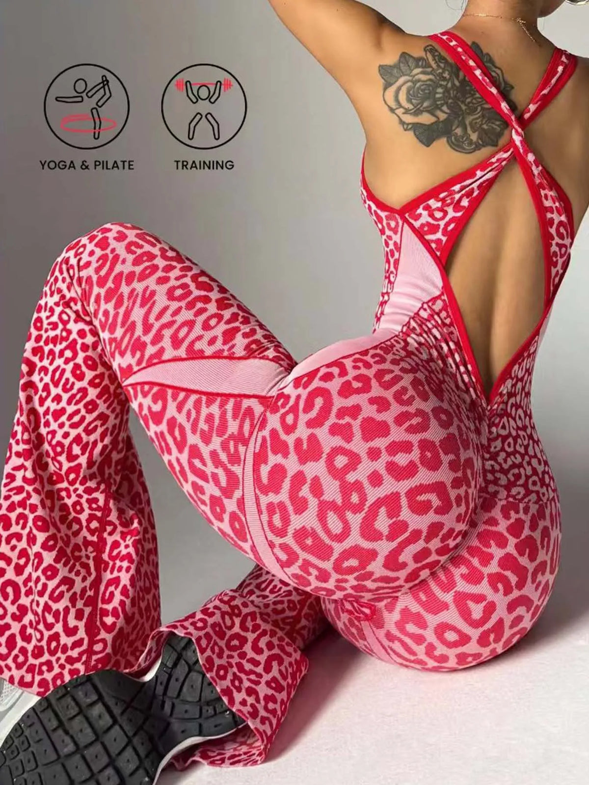 Women Leopard Print Cross Back Flared Jumpsuit Seamless Butt Lifting Yoga Bodysuit High Elastic Workout Fitness Sports Jumpsuit