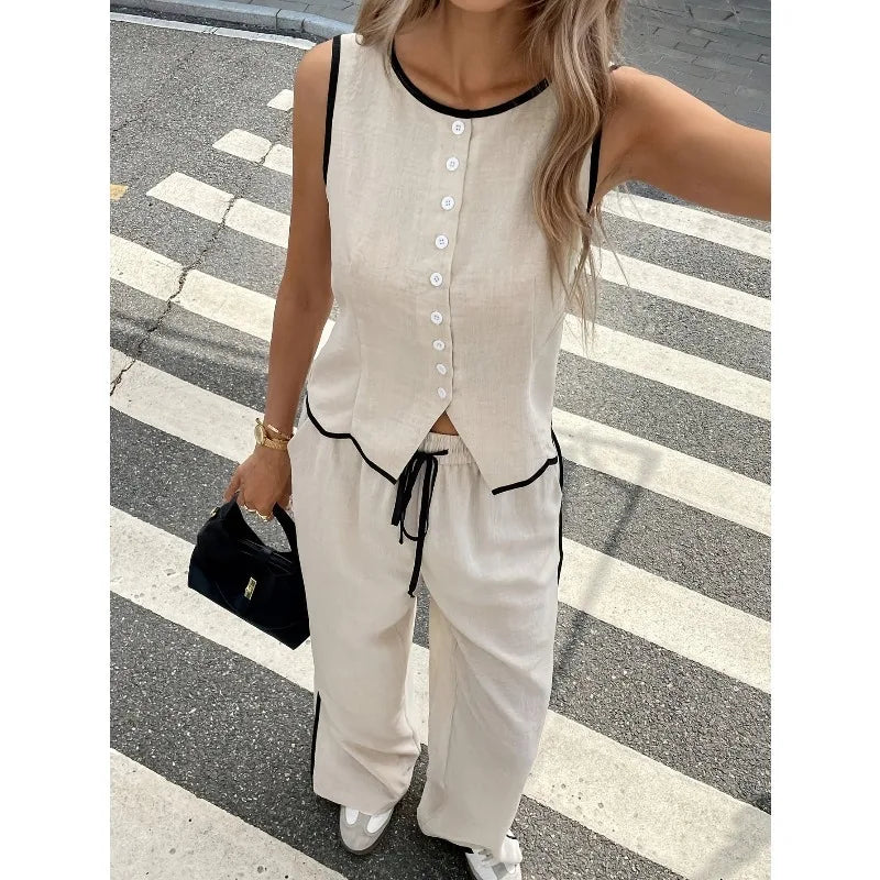 2026 New Multi Color Contrast Edge Tank Top and Trousers Suit Ladies Sleeveless Waistcoat Loose Pants Daily Travel Streetwear