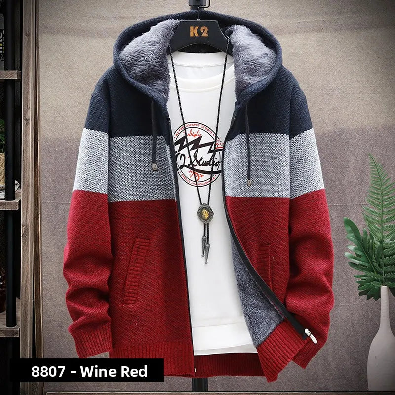 Men's Knitted Sweater Cardigan Thickened Fleece Hooded Casual Style Warm Outerwear Autumn Winter New Arrival Korean Version