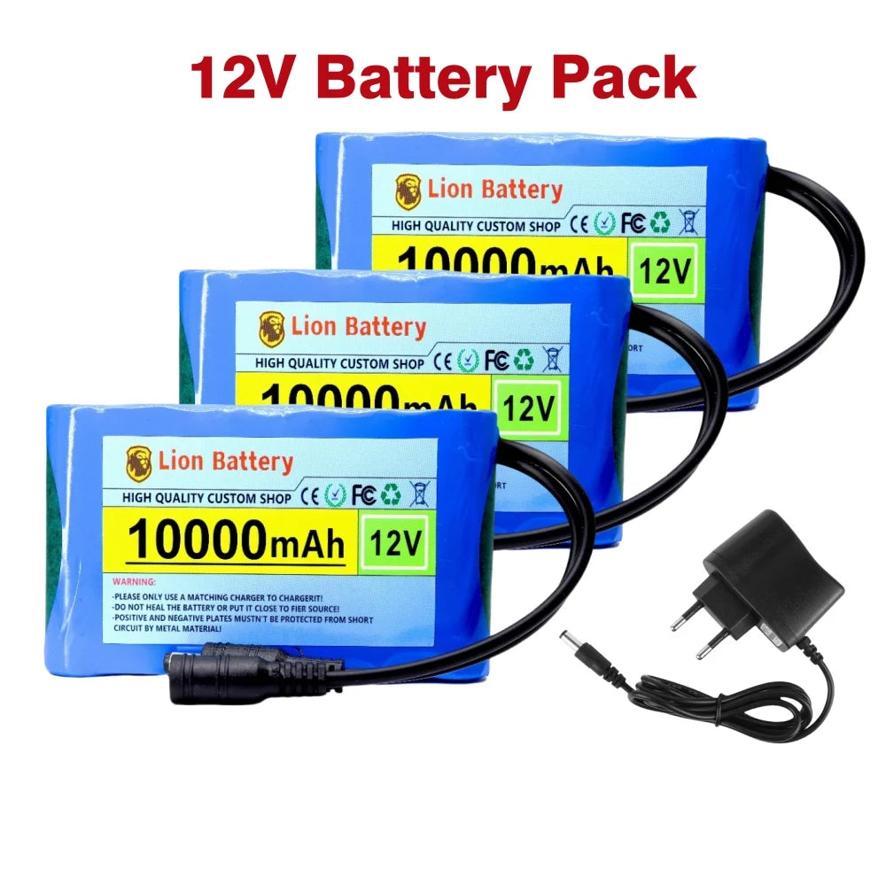 Original New Portable 12V Battery,10000mAh Rechargeable Lithium-ion 18650 Battery Pack, DC 12.6V Charger, CCTV Audio Amplifier