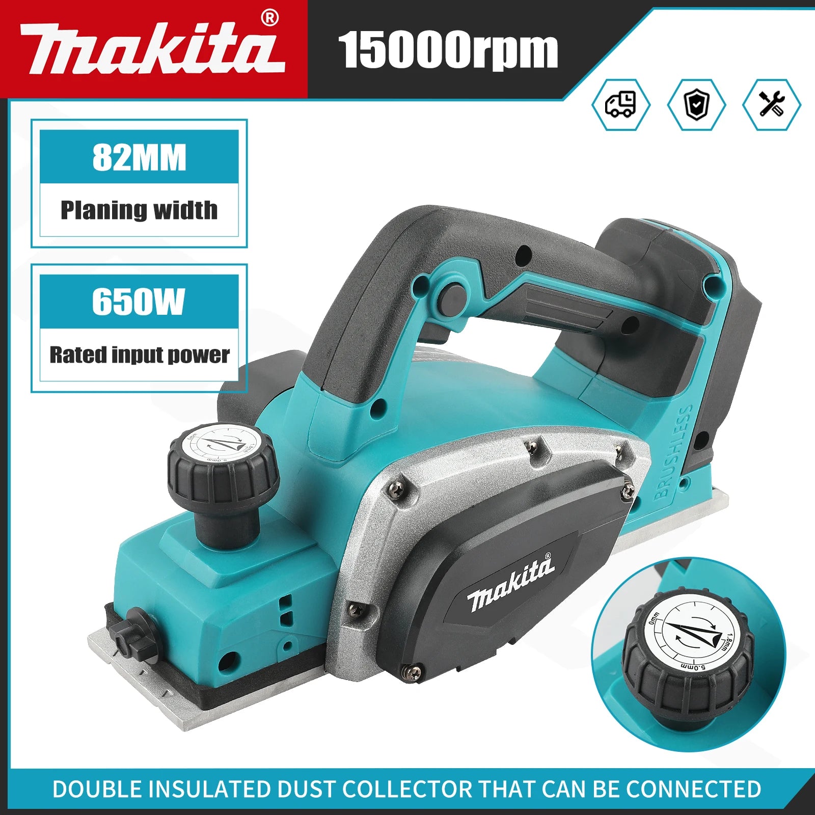 Makita Electric Planer:82mm Planing Width,15000rpm,650W Power,2.5mm Cutting Depth,Ergonomic Grip forDIY Woodworking&Board Making