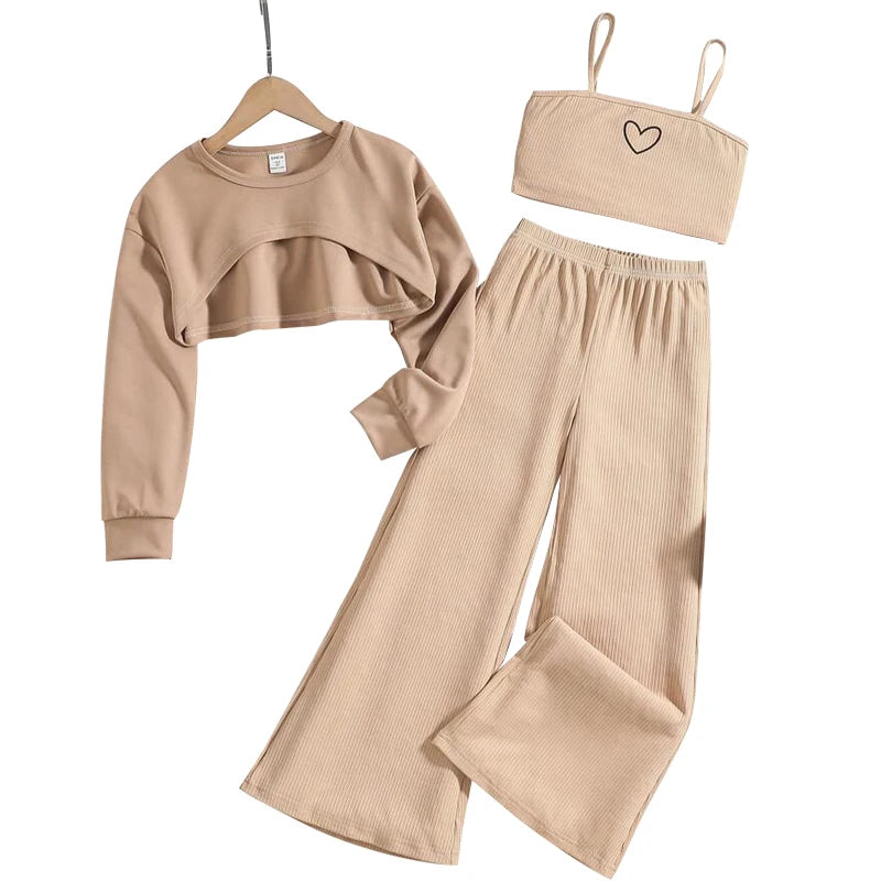 New girl's spring long sleeved top+heart-shaped vest+long pants children's set casual sports pure cotton girl top and long pants