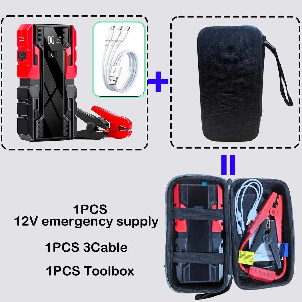 New 12V 99800mAh Portable Car Jump Starter Battery Booster Pack with Digital Display, Heavy-Duty Clamps & Carry Case