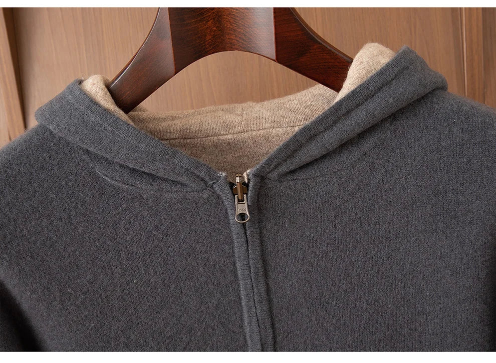 Double-Sided Cashmere Hooded Cardigan For Men Autumn And Winter Wearing Sweater Thickened Pure Wool Knitted Loose Zipper Coat