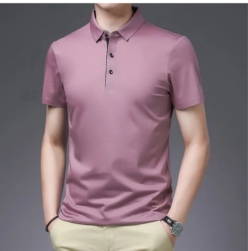 Bamboo Fiber Viscose And Cotton Blend Polo Shirt Men Short Sleeve Collar New Seamless T-shirt Summer Thin Lightweight Poloshirt