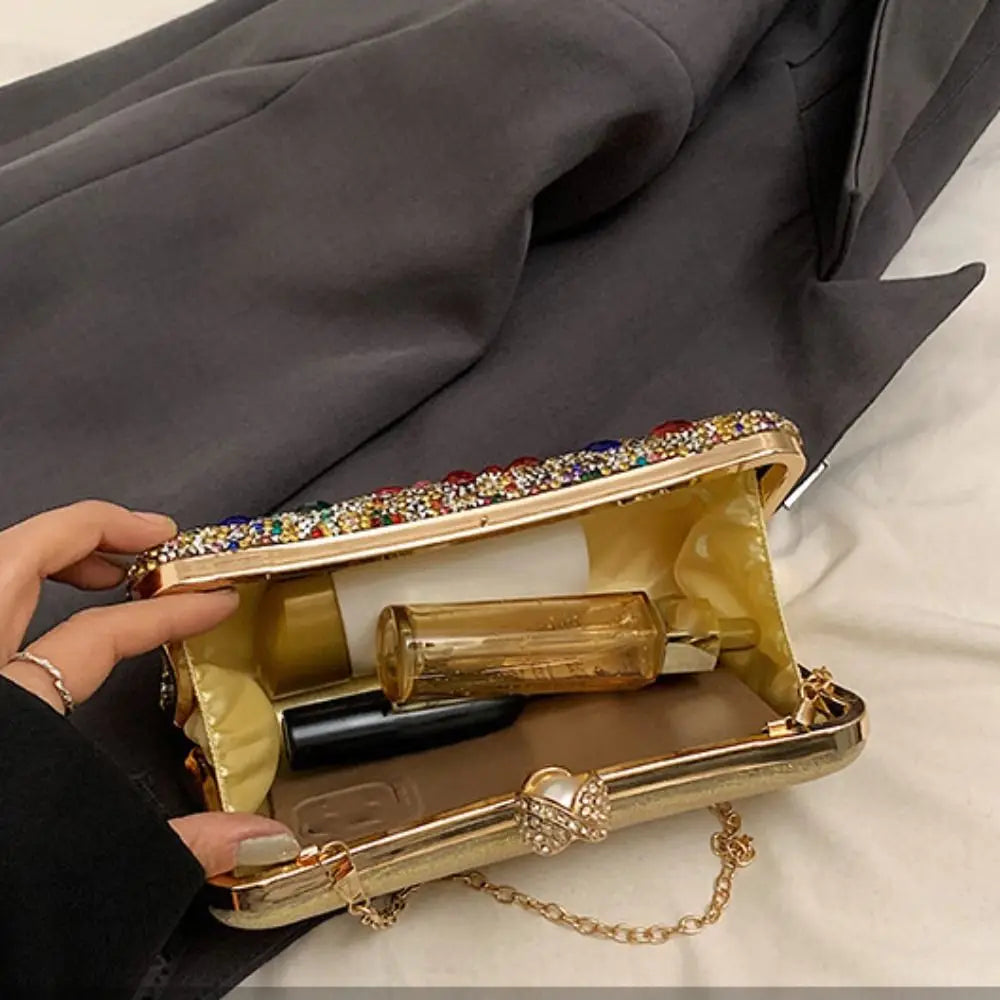 Portable Shiny Evening Banquet Bag Sequin Bling Crystal Colorful Rhinestone Shoulder Bag Handbag Purse Chain Crossbody Bag Women