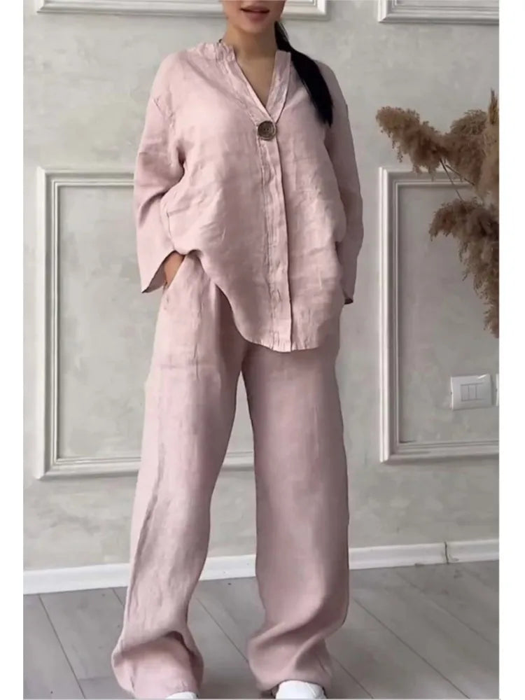 Fashion O Neck Long Sleeve Cotton Linen Shirt Suit Women Spring Autumn Casual Solid Color Pocket Pants Female Office 2 Piece Set