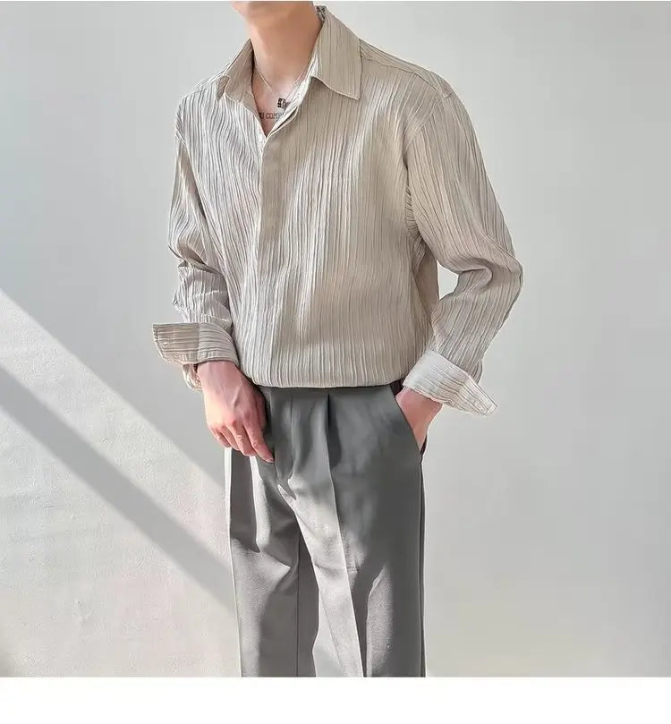 Black Apricot White Long-sleeved Shirt Men Fashion Social Mens Dress Shirt Korean Loose Casual Pleated Shirts Mens Formal Shirt
