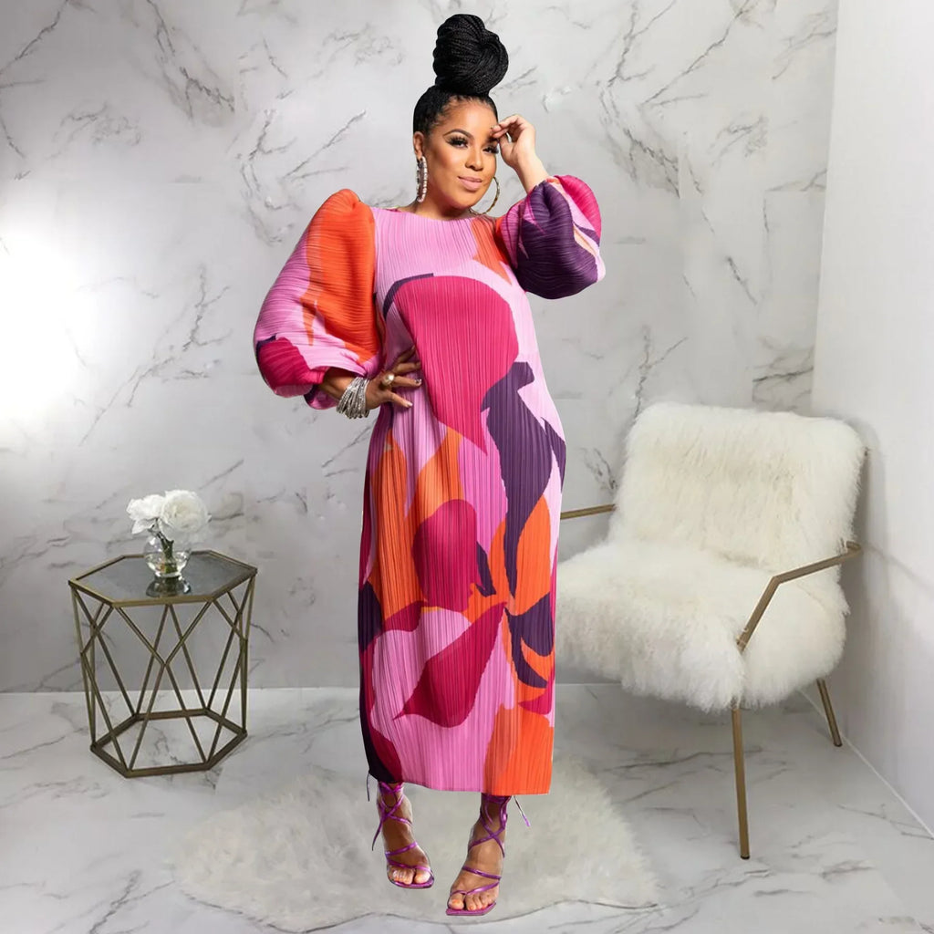 Elegant Women Pleated Half Lantern Sleeve O-neck Slim Maxi Long Dress Print Fashion Autumn 2025 Ruched Dresses Vestidos