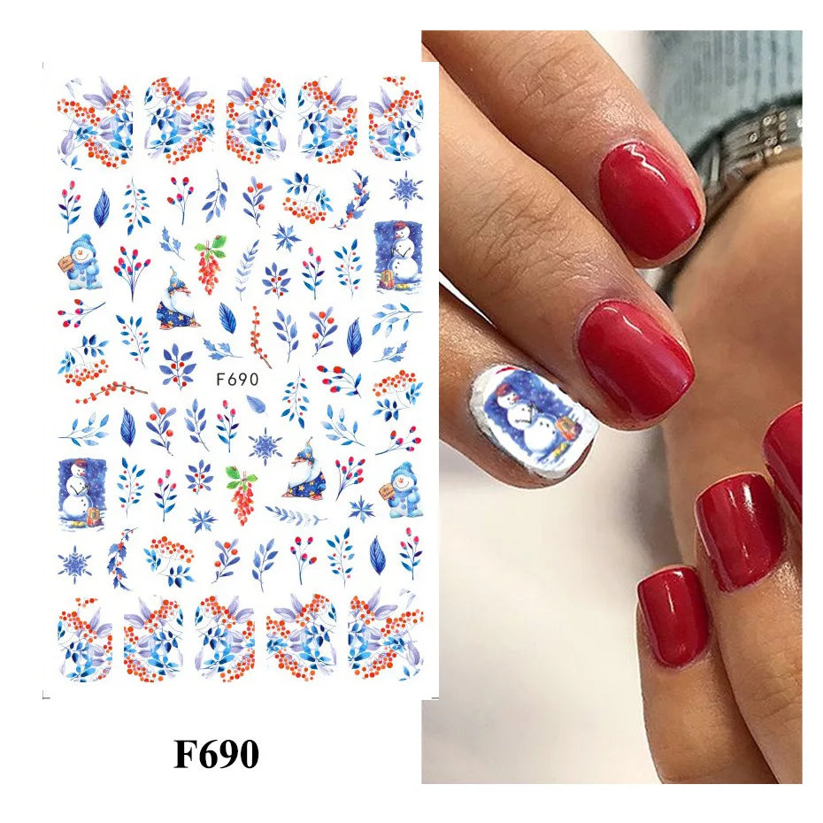Autumn and Winter Blue Landscape Lines Flowers Birds Butterfly 3D Stickers Nail Art Decals Nail Parts Christmas Nail Stickers