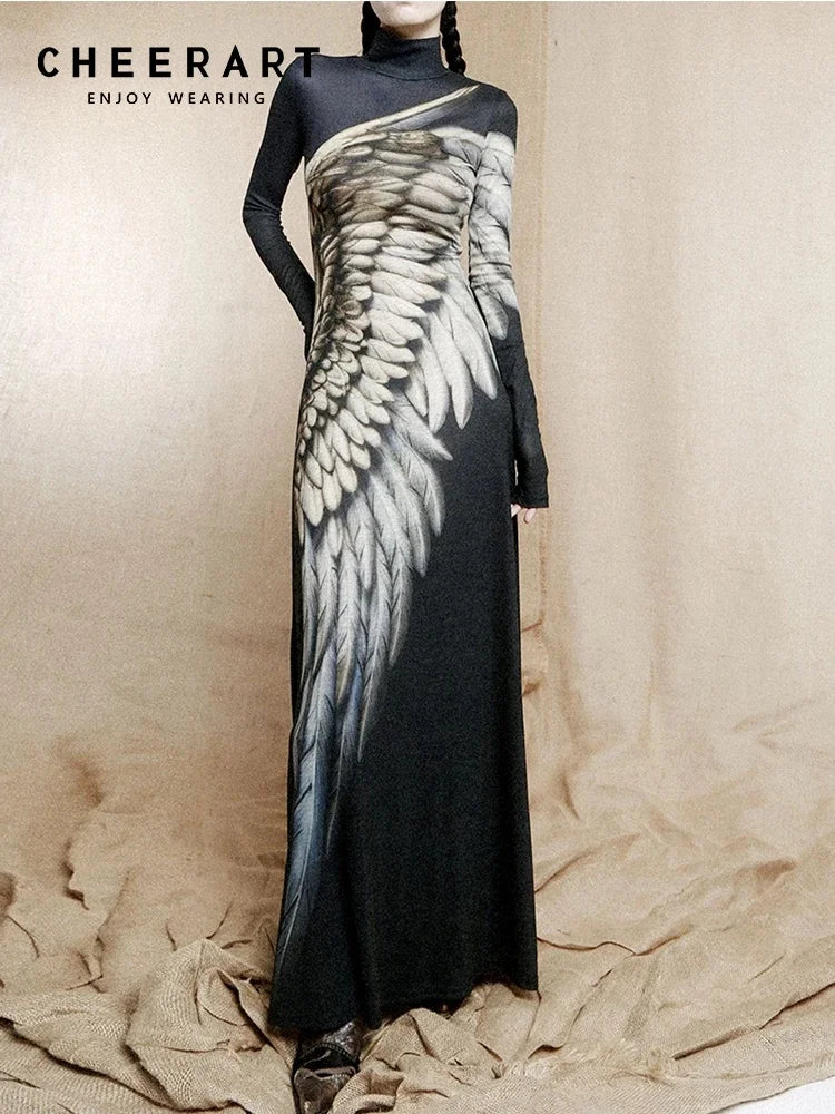 CHEERART Vintage Wing Feather Long Sleeve Dresses Fall 2025 Fashion Woman Turtleneck Mesh A Line Maxi Dress Evening Luxury