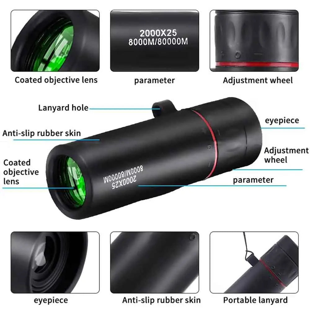 2000X25 Monocular Telescope Compact Portable Handheld Optical Scope For Travel Fishing Camping Stargazing Concert Bird‑Watching