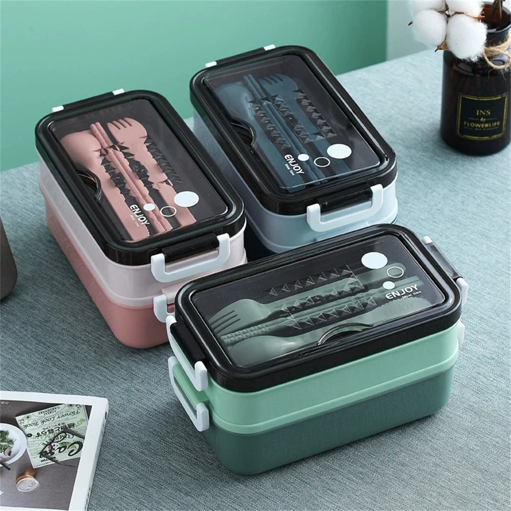 Double-layer Lunch Box 1pc Portable Compartment Food Box Microwave Lunch Box With Fork Chopsticks And Spoon for School Office