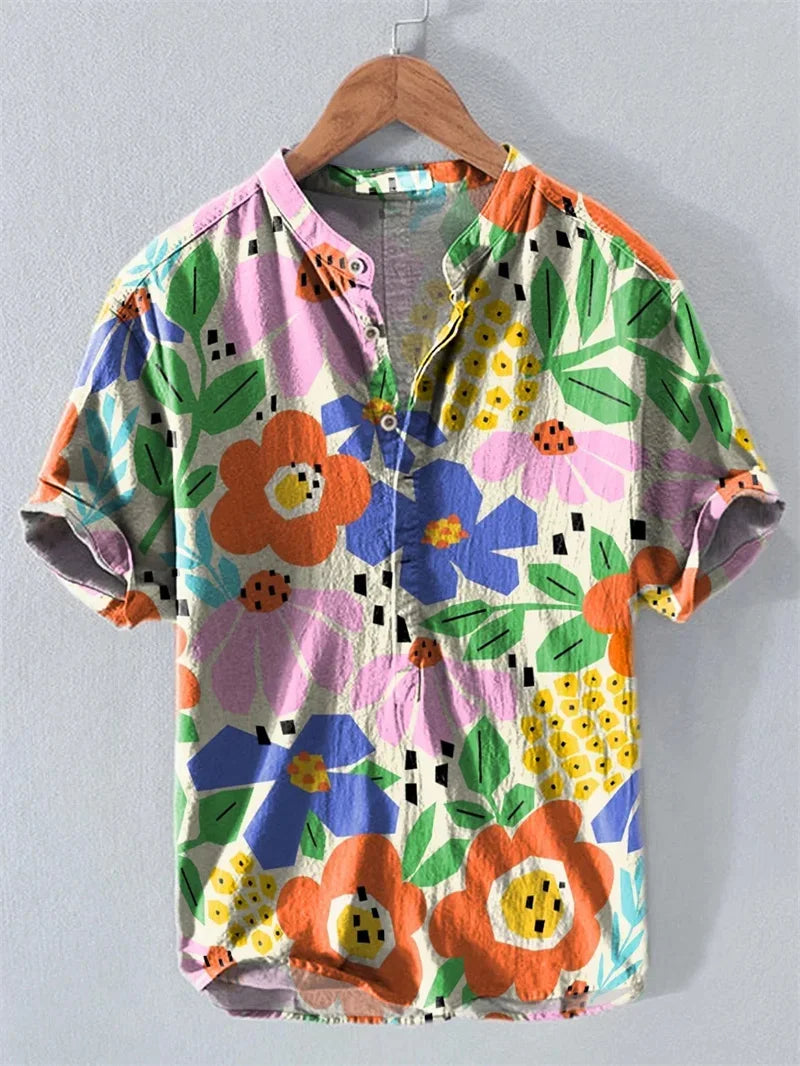 Hot sale Henry shirt 2025 summer men's casual short-sleeved T-shirt floral print top linen blend comfortable fabric XS-6XL size