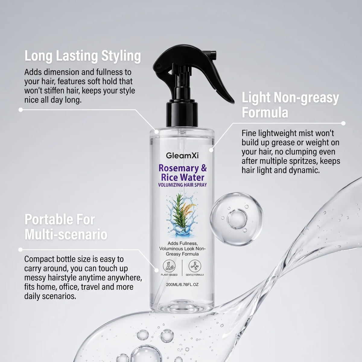 Rosemary Rice Water Volumizing Hair Spray Lightweight Non Greasy Root Boost Smooth Frizzy Hair Natural Looking Volume 200ml
