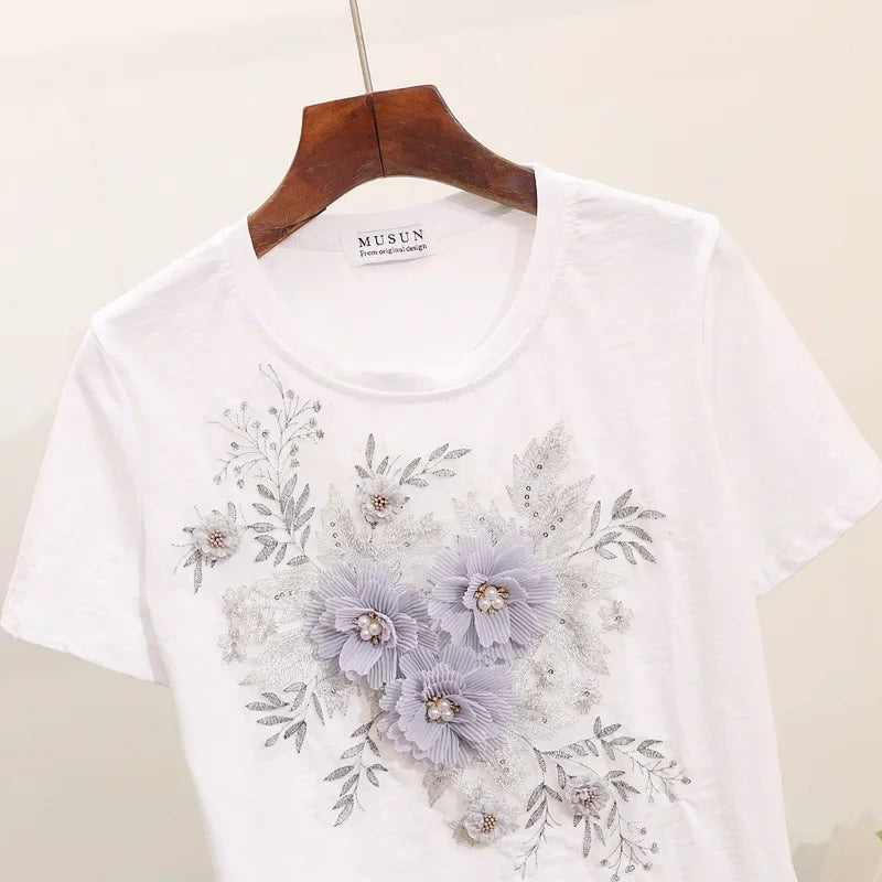 Two-Piece Suit 2025 Summer New Women Denim Pants Beading Embroidery Tshirt Tops+ High Waist Hole Jeans Female Casual Outfits