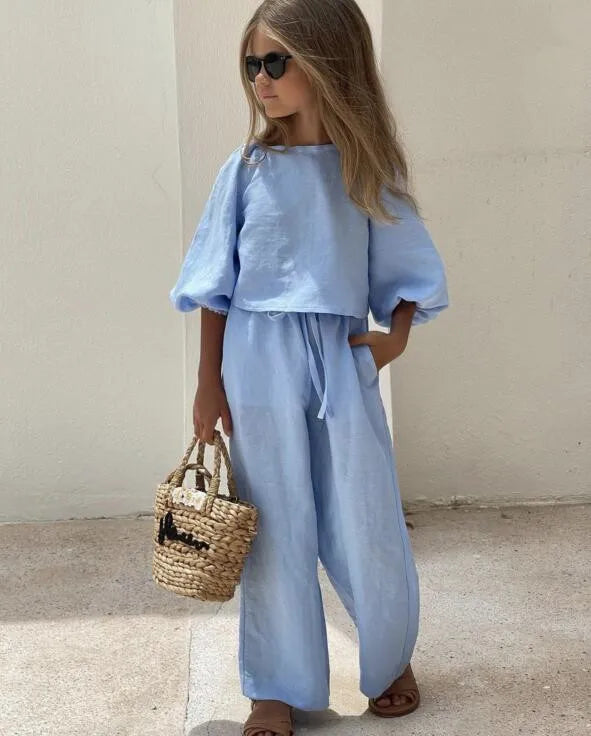 Baby Girl Linen Cotton Clothes Set Shirt+Pant 2pcs Infant Toddler Child Clothing Set Solid Color Spring Baby Clothes 1-7Y