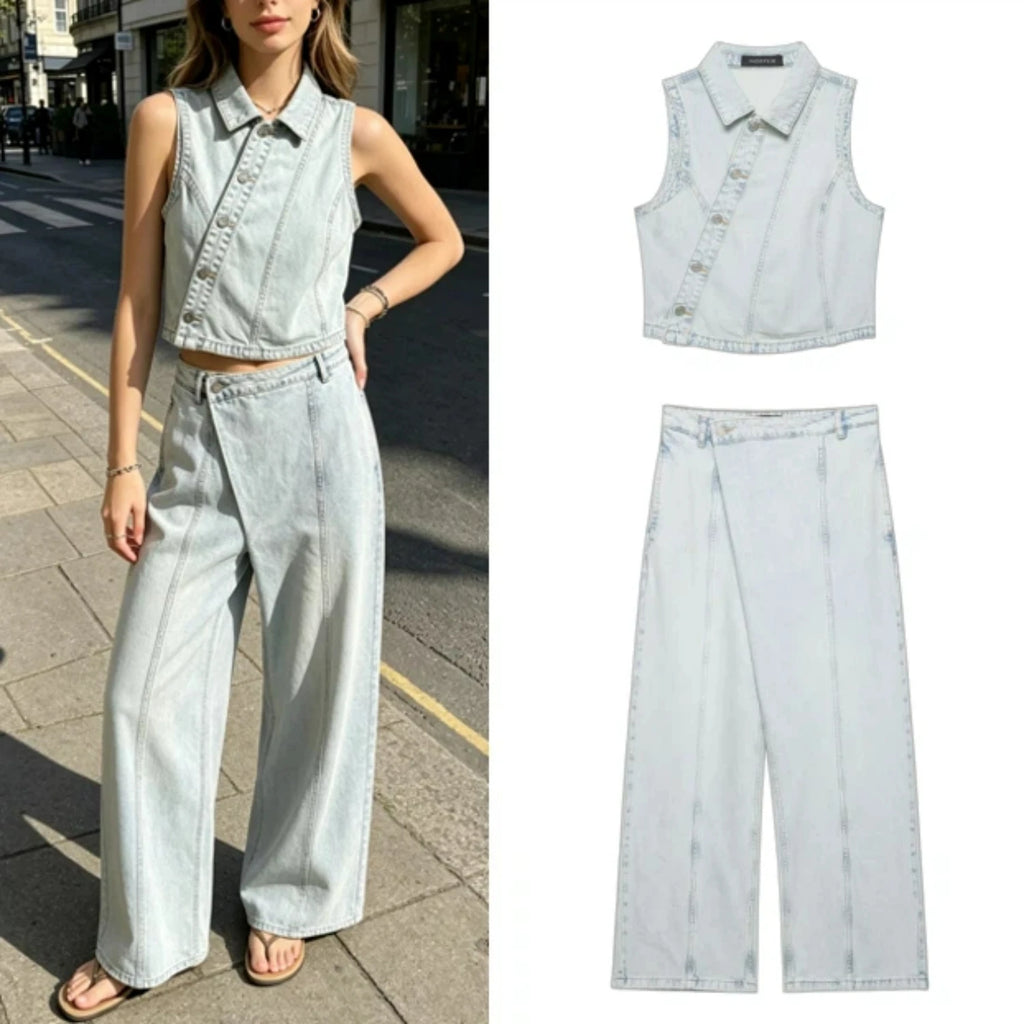2026 Summer Women Denim Double-Breasted Vest Set Casual Turn-Down Collar Trousers New Fashion Outfit Set