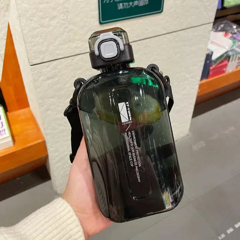 750ML Flat Square Transparent Portable Travel Water Bottle Adjustable Strap Elegant Slim Design for Sports Camping