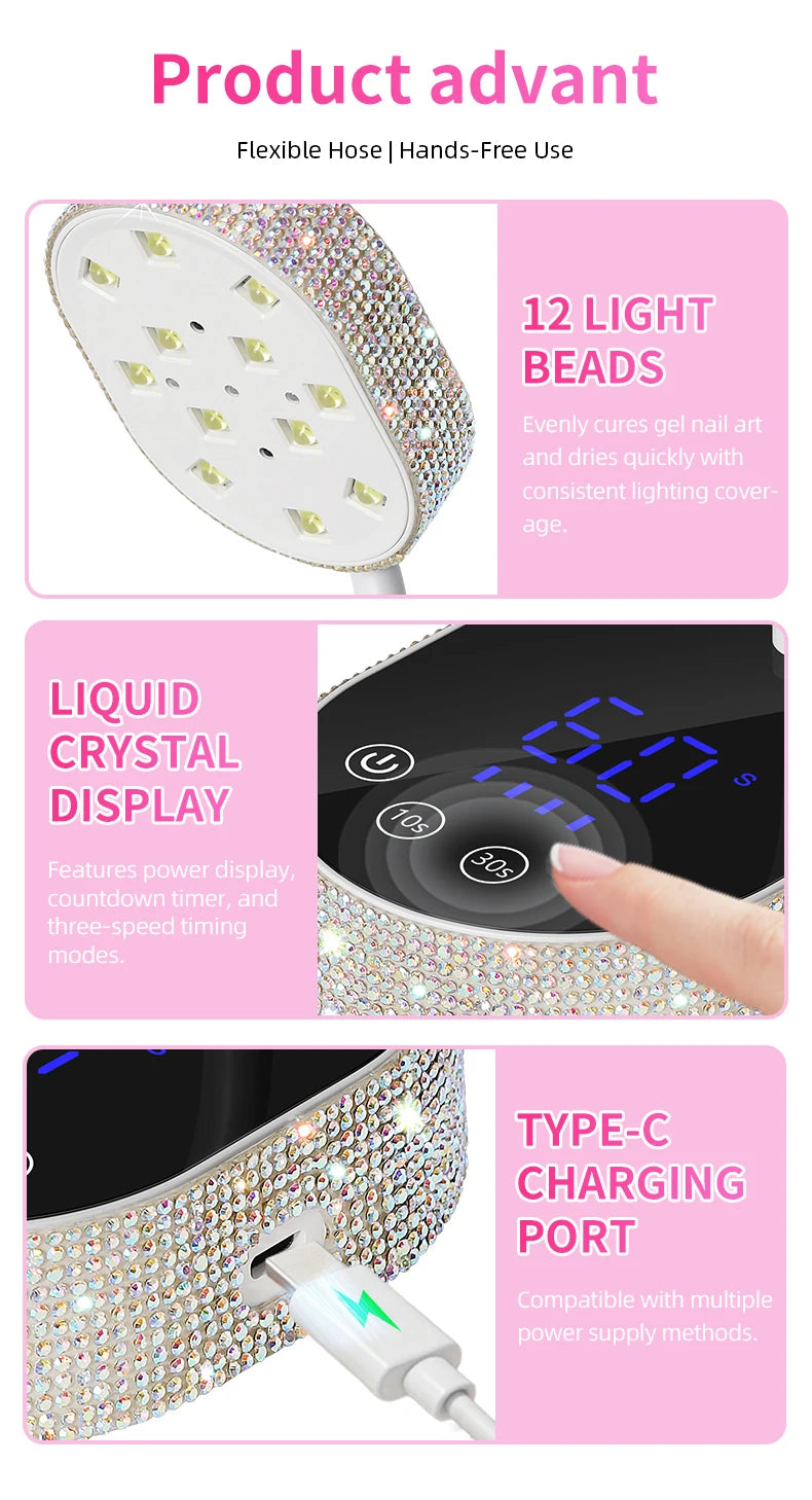 Wireless UV LED Nail Lamp 36W Rechargeable Mini Gel Dryer with Auto Sensor Timer and 360° Rotating Neck for Manicure on the Go