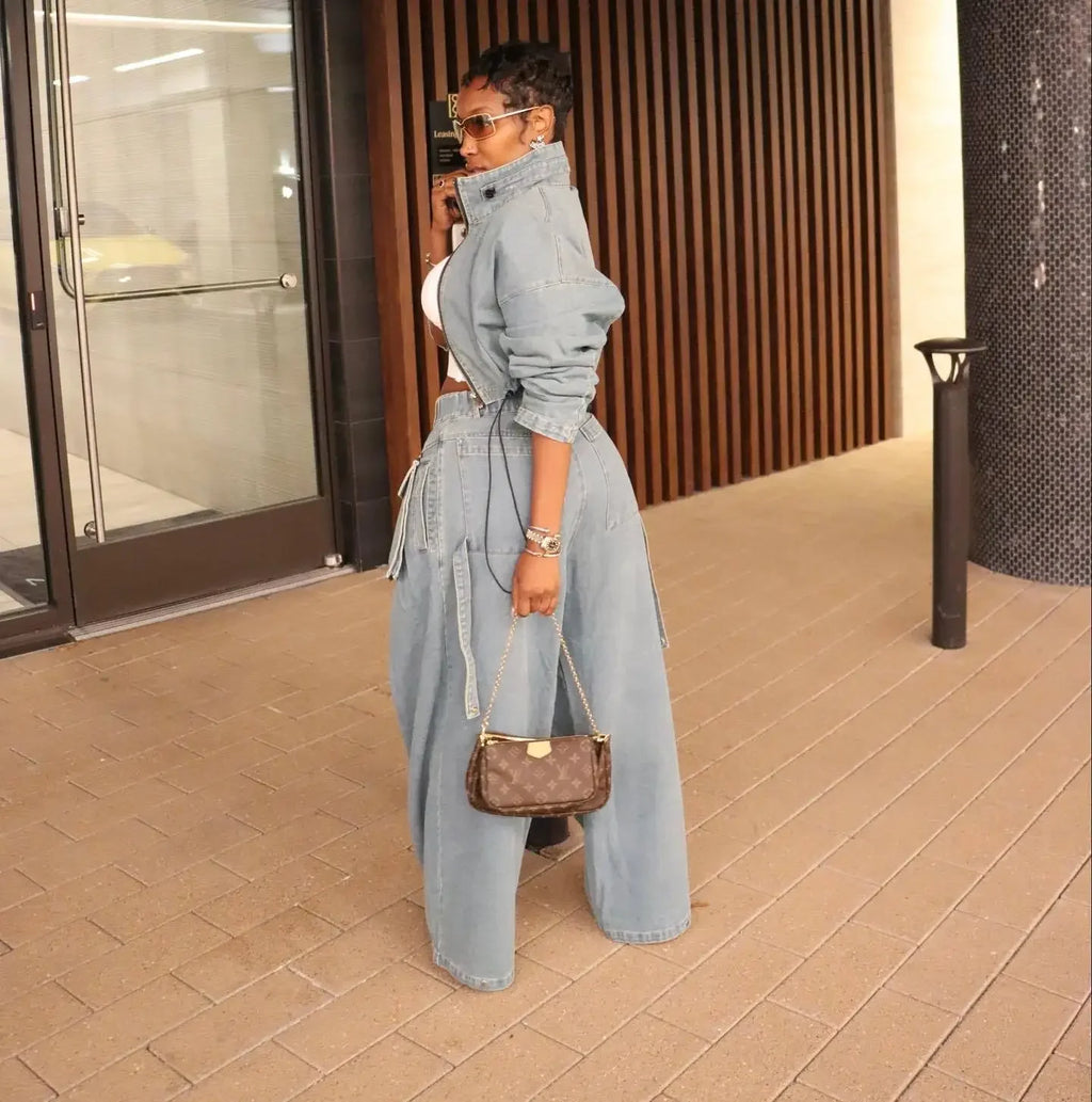 Denim Two Piece Sets Women Coat Jacket Wide Leg Pants Jeans Suits Matching Sets Trousers Outfits 2025 Y2k Streetwear Party