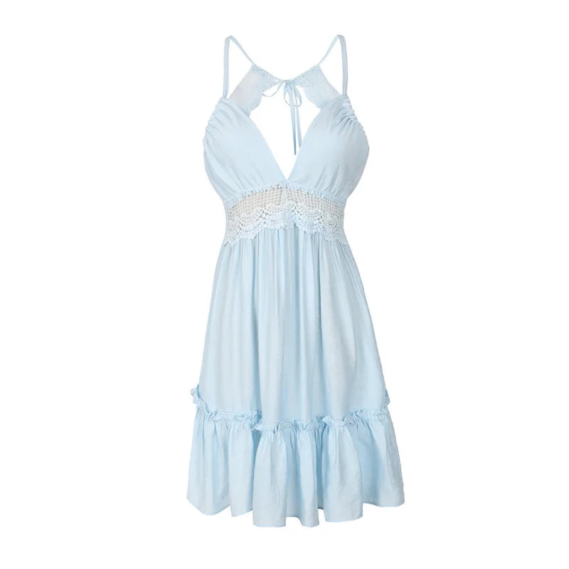 New Women Party Lace Flower Backless Mini Dress Summer Sexy Sling Spaghetti straps Deep V Neck Wedding Club Vestidos