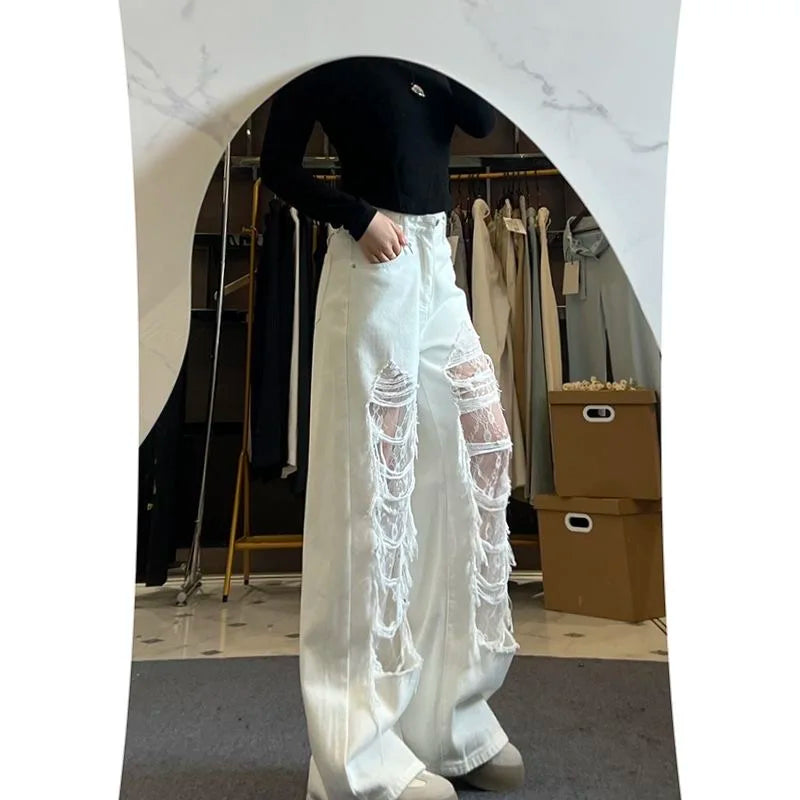ZHIZOU Women's White Ripped Denim Pants Y2K Harajuku American High Street 2000s Wide Leg Retro Denim Jeans Boyfriend Clothing