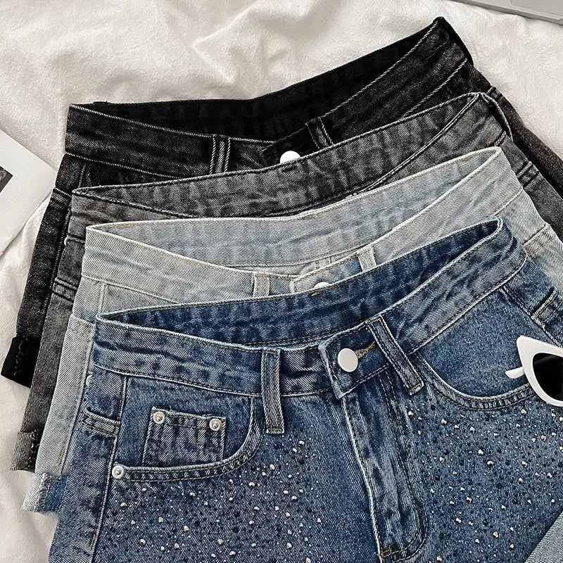 Retro Fashion Rhinestone Denim Shorts Women Pink Summer New A-Line Wide Leg Jeans Ultra Short For Hot Girls Bottoms