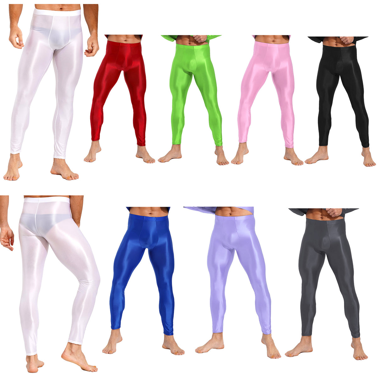Men Elastic Waistband Skinny Shiny Yoga Tights Pants Solid Color Leggings Exercise Running Gym Fitness Training Sportswear
