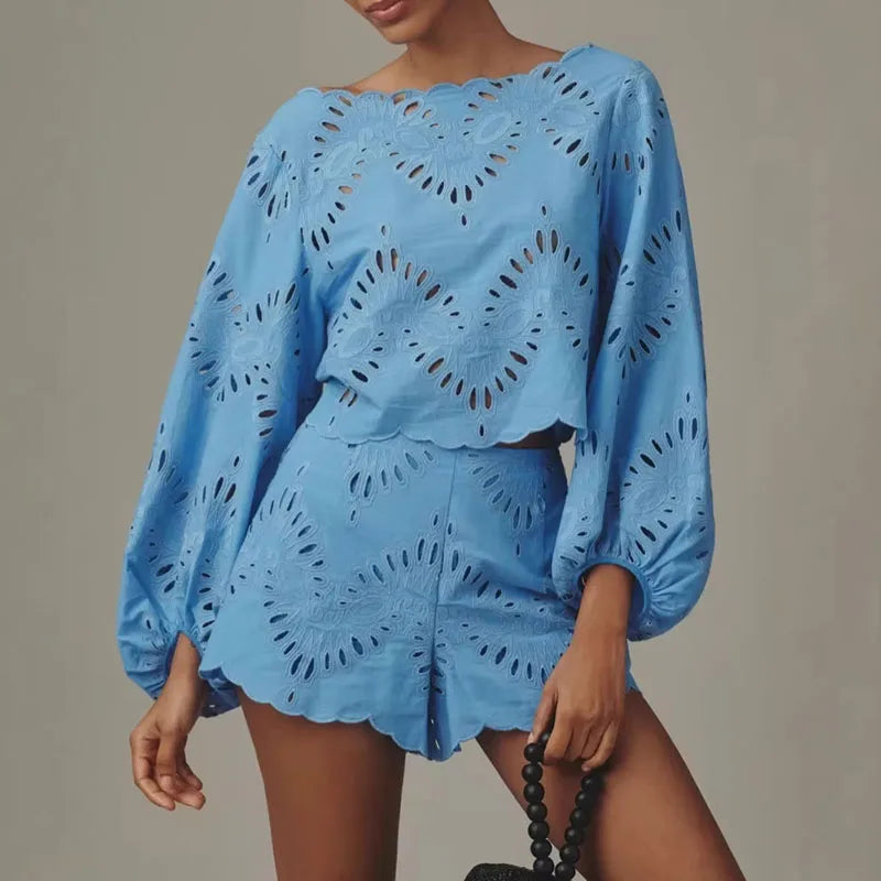 Women Solid Cropped Top 2 Piece Matching Set Round Neck Puff Sleeve Eyelet Hollow Hem Shorts Outfits Casual Summer Resort Outfit