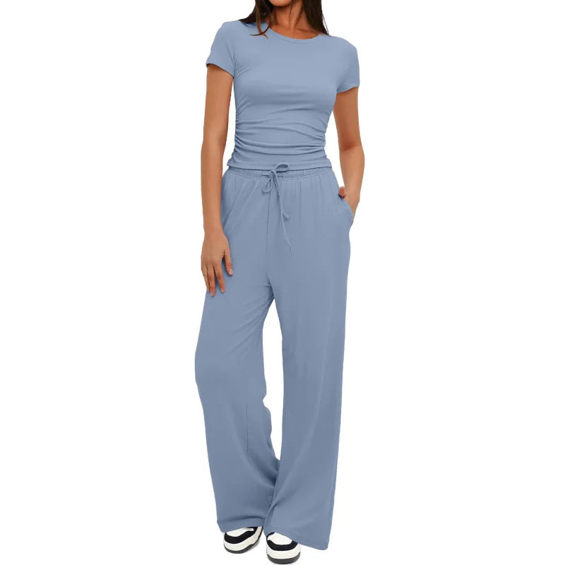 Women's Summer Solid Loose Casual Tracksuit Two Piece Set O Neck Short Sleeve T Shirt Wide Leg Pants Sportswear